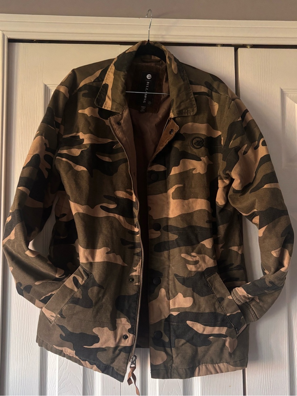 Billabong Men's Camo Bomber Jacket in Olive and Tan